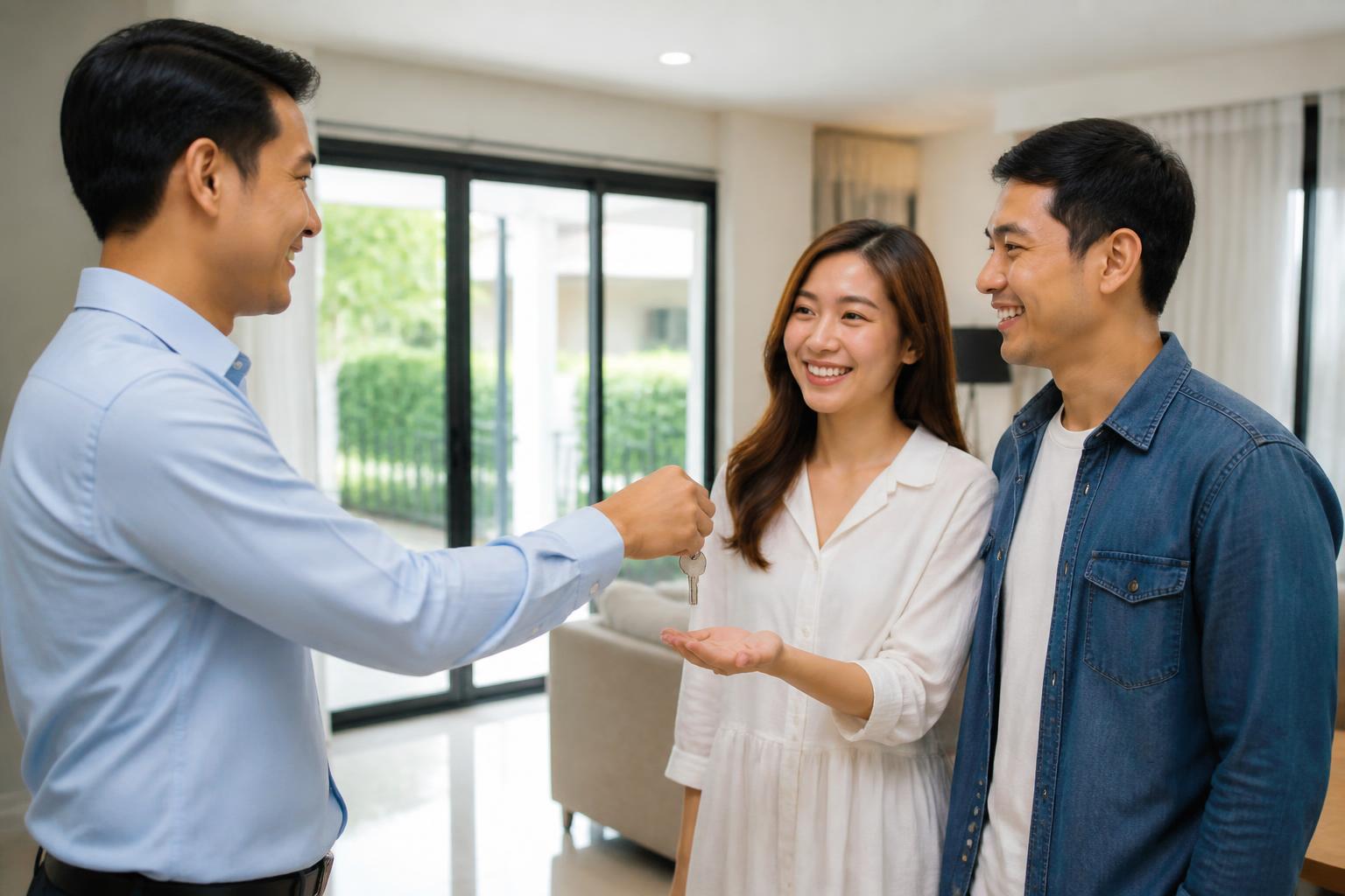 Real estate agent handing house keys to a buyer couple on handover day