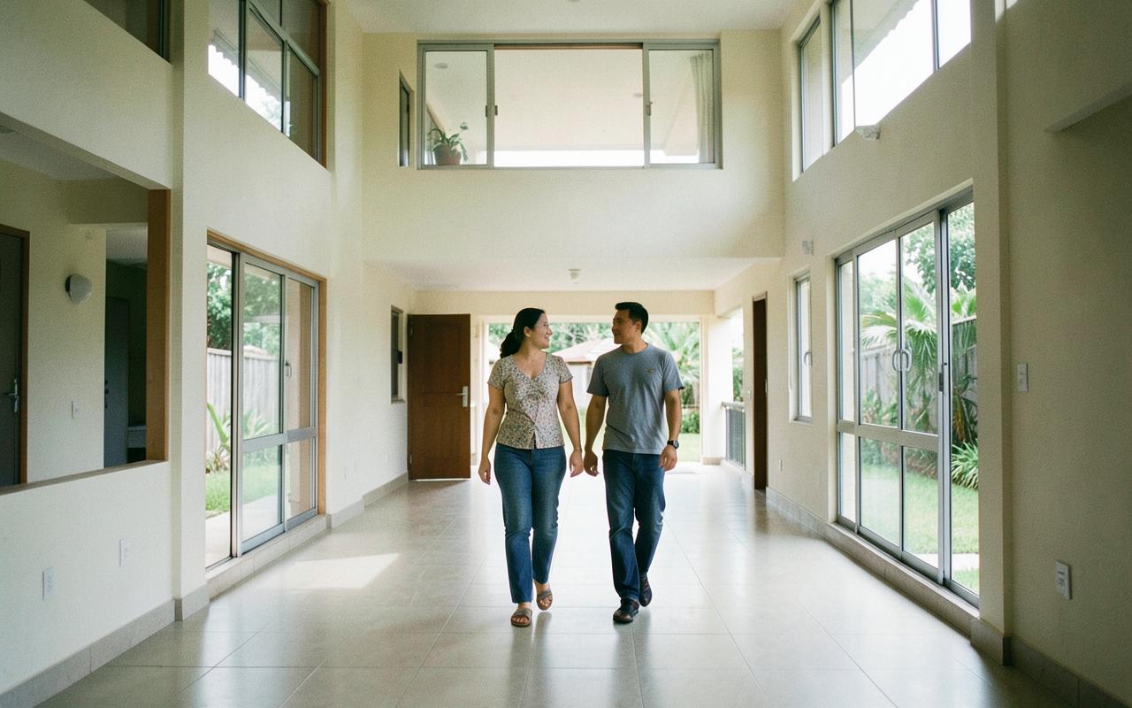 A couple walking through an unfurnished two-storey detached house in Khon Kaen
