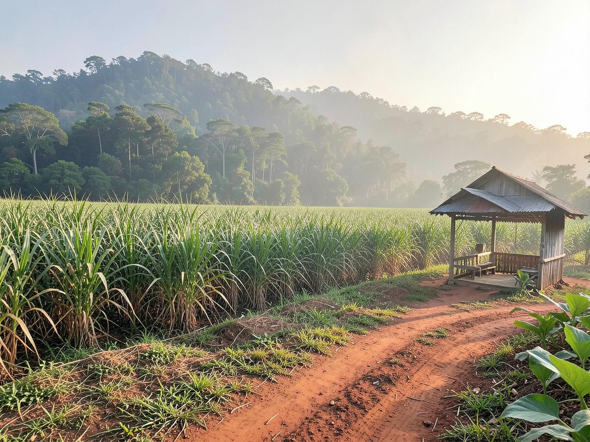 Photograph of Chaiyaphum town with hills and sugarcane fields, Chaiyaphum province
