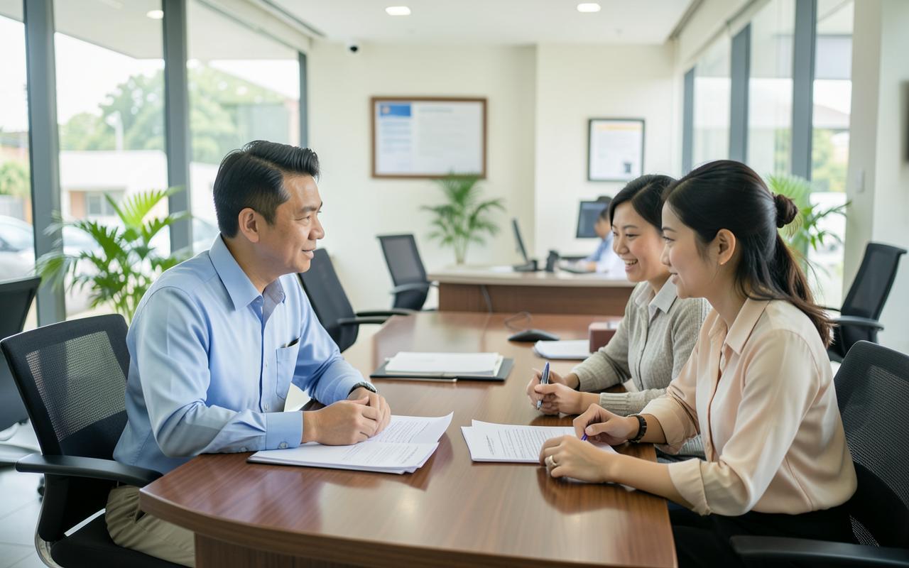 A bank officer meeting a couple at a desk in a Thai bank branch