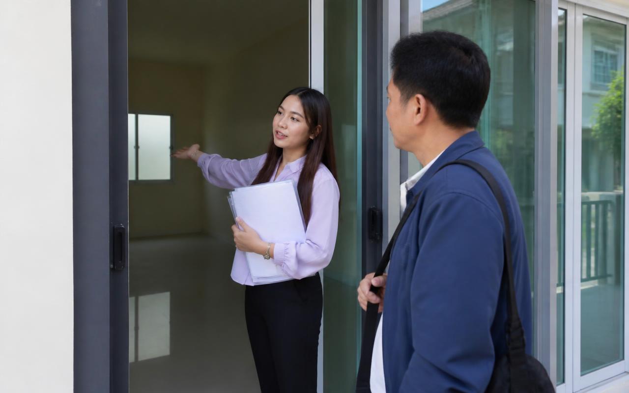 Agent showing a buyer around a Khon Kaen house while holding the title documents