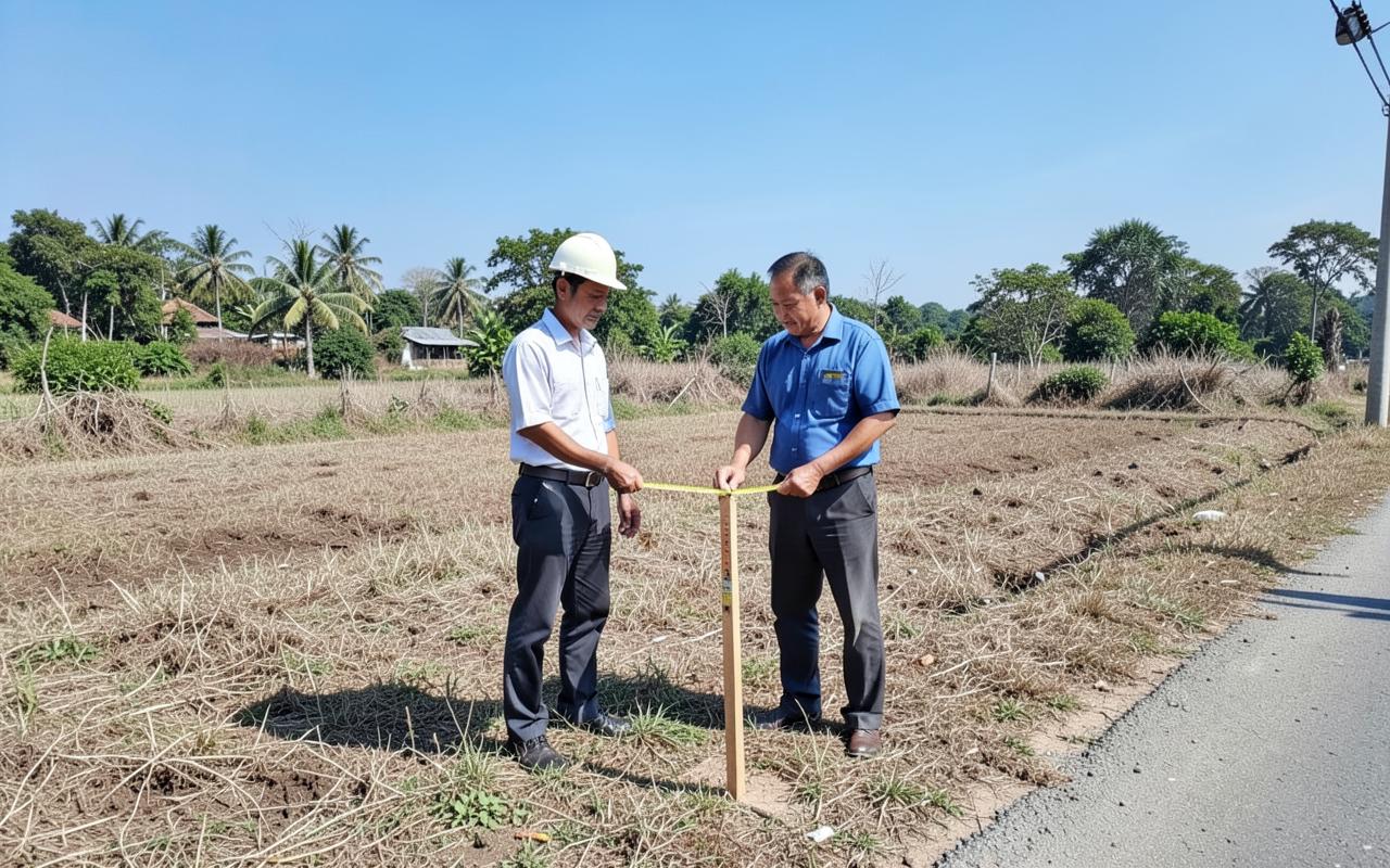 A surveyor and buyer measuring a roadside land plot in the Isan countryside