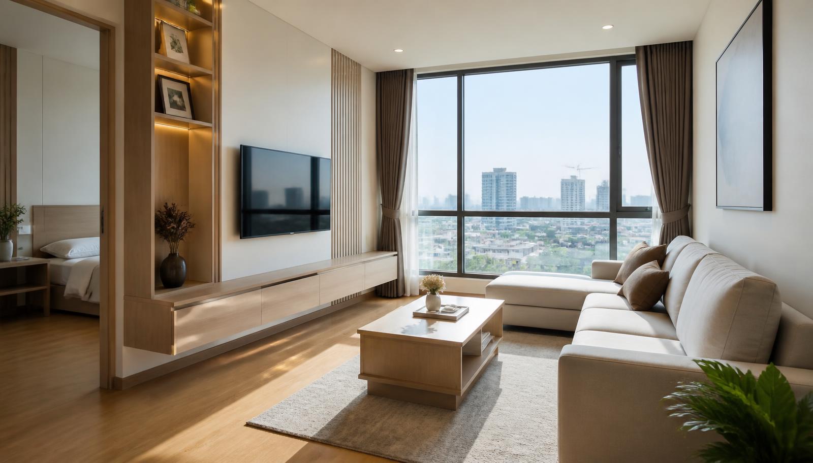 ห้องนั่งเล่นคอนโดพร้อมเฟอร์นิเจอร์ให้เช่าในเมืองขอนแก่น