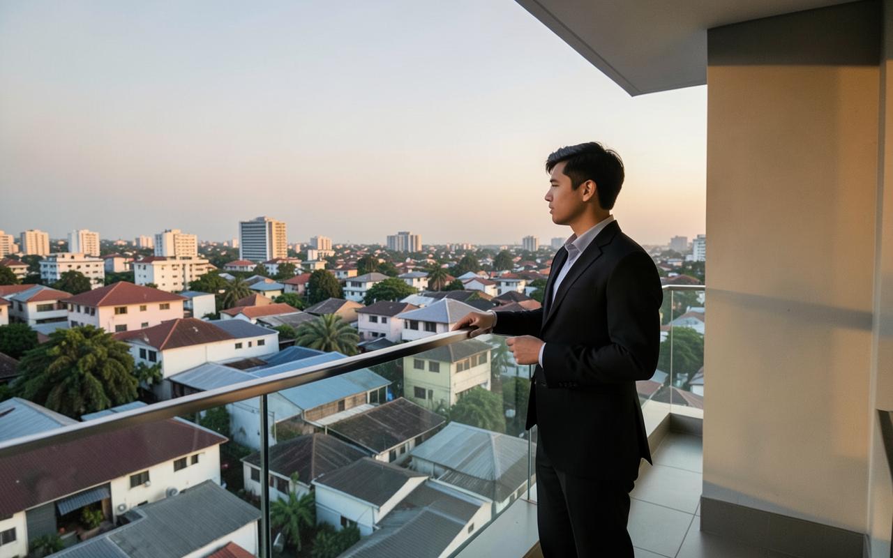 A man on a condominium balcony overlooking Khon Kaen rooftops at dusk