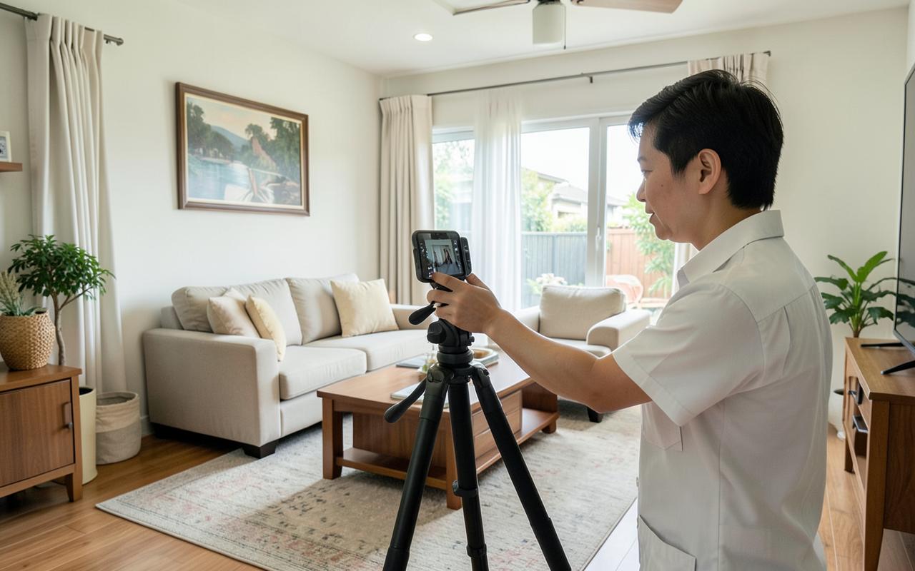An agent photographing a tidy living room with a phone on a tripod