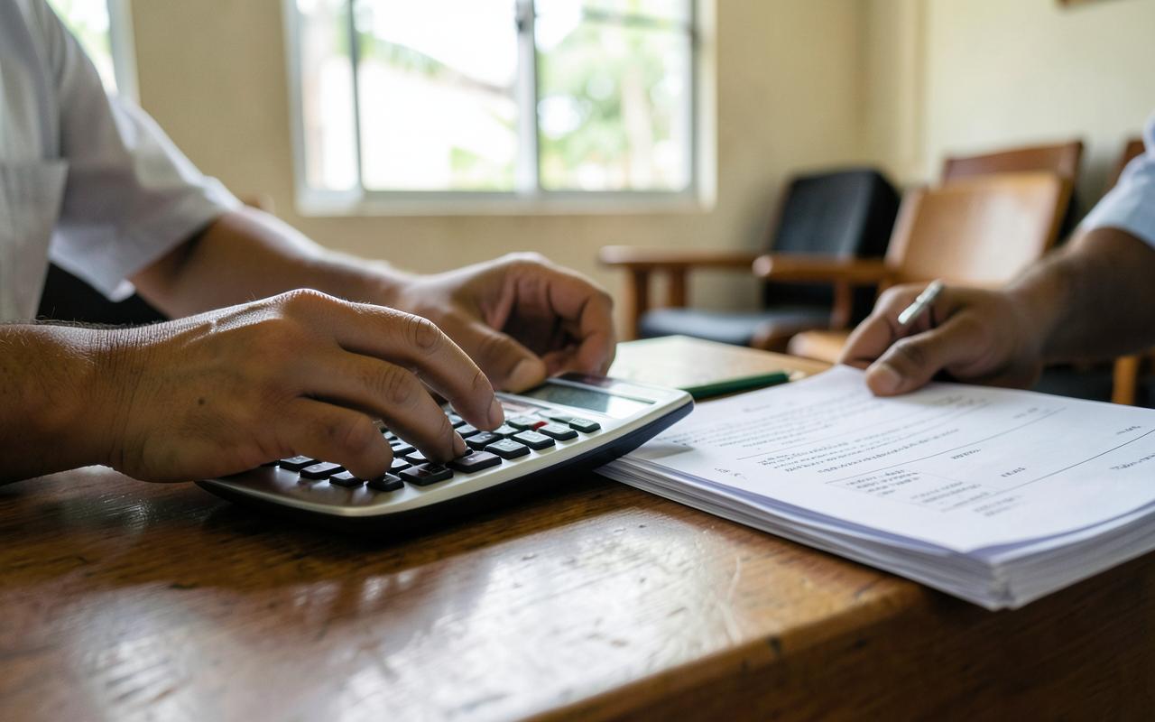 Hands using a calculator beside sale documents on a wooden desk